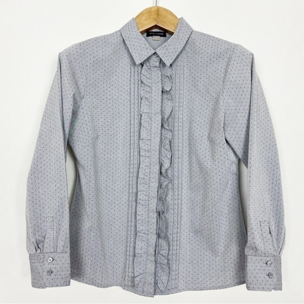 Tommy Hilfiger Grey‎ Buttoned Blouse Shirt Ruffles Navy Polka Dots Size Medium